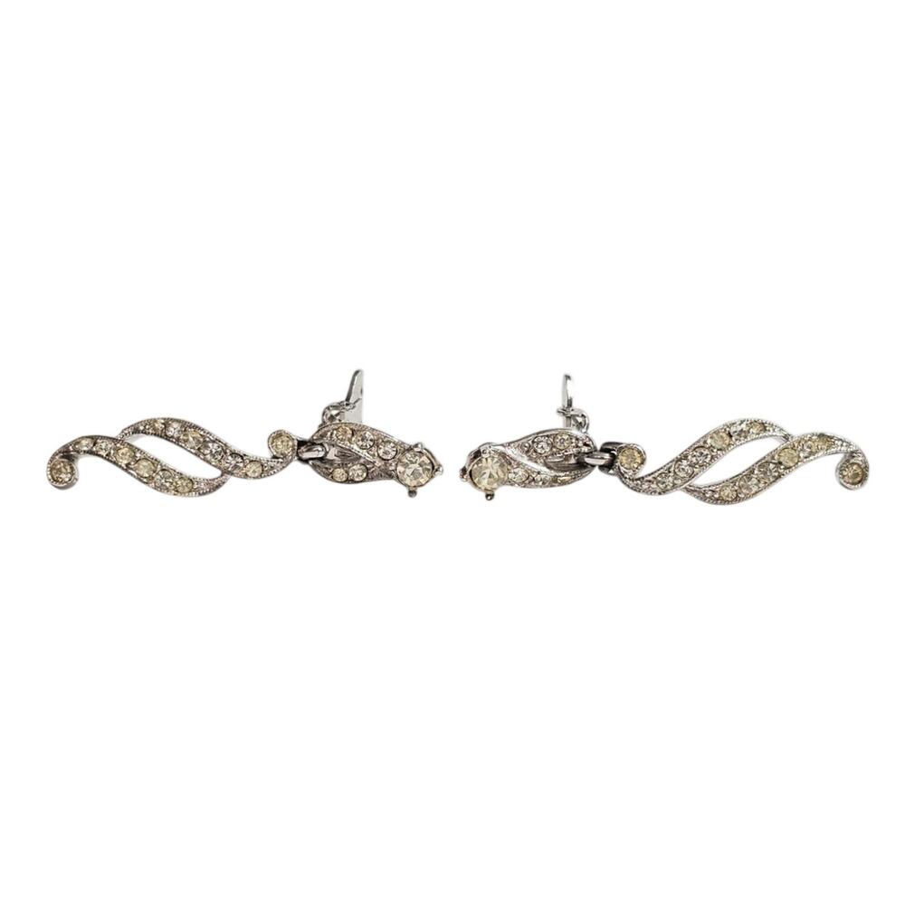 Vintage Bogoff Rhodium Plated Rhinestone Waterfall Clip-On Earrings